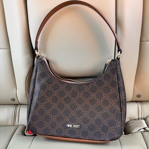 Nine West Brown Logo Pattern Shoulder Bag Gold Hardware Zip Closure